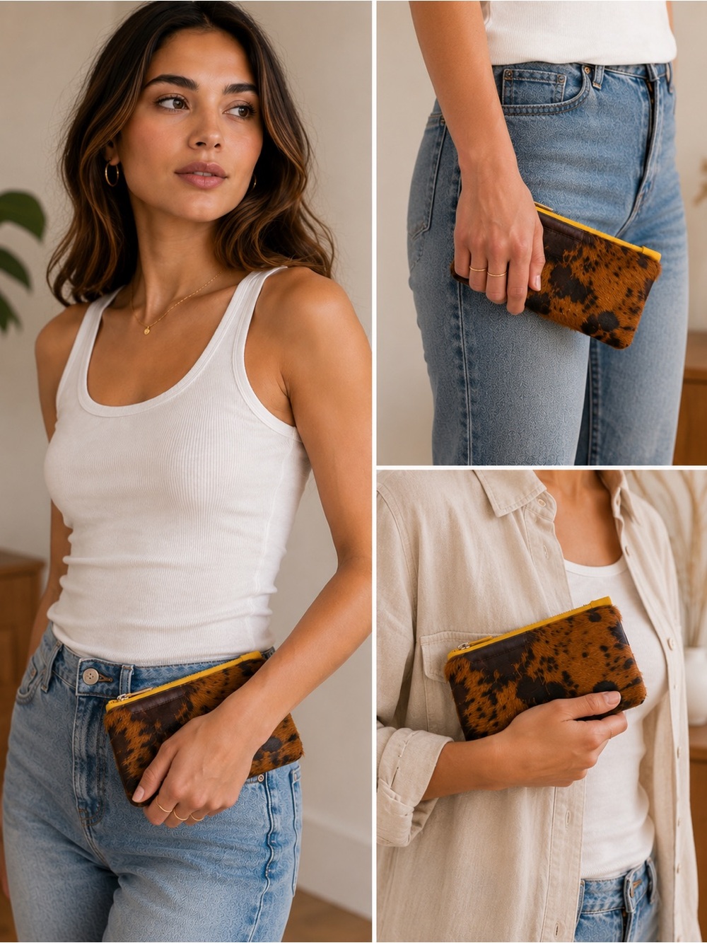 Handmade Genuine Cowhide Hair-On-Hide Leather Wristlet Pouch Clutch